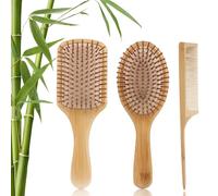 Hisdricus Set de 3 cepillo de pelo de bambú y peine de madera, cepillo de madera con púas naturales, anti-frizz, cepillo para rizos adecuado para hombres, mujeres y niños