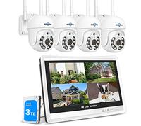 Hiseeu 【5MP+3TB】 5MP Kit Camaras de Vigilancia WiFi Exterior con 12'' de Monitor,10CH NVR 4X5MP PTZ Cámara de Seguridad,Detección de Movimiento,Visión Nocturna Color,Alarma Sonora,Teléfono/PC Remoto.