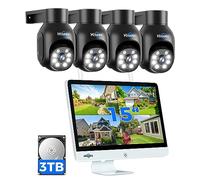 Hiseeu 5MP Kit Camara de Vigilancia WiFi Exterior PTZ, 5MP PTZ Cámara de Seguridad Exterior con 15in Monitor, Visión Nocturna en Color, Audio Bidireccional, Detección Movimiento 3TB HDD