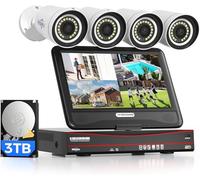 Hiseeu Kit de Cámaras de Vigilancia PoE 8CH 5MP, Sistema de Cámara Vigilancia con 10 Pulgada de Monitor,4x Cámara de Seguridad Exterior con Disco Duro de 3TB, Visión Nocturna Color