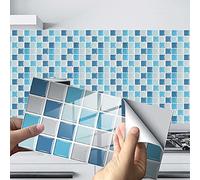 Hiseng 24/48 Piezas Rectángulo Adhesivos Decorativos Azulejos Pegatinas para Baldosas del Baño, Mármol Mosaico Estilo Cocina Resistente al Agua Pegatina de Pared (Azul Mosaico,24Piezas)