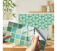 Hiseng 24/48 Piezas Rectángulo Adhesivos Decorativos Azulejos Pegatinas para Baldosas del Baño, Mármol Mosaico Estilo Cocina Resistente al Agua Pegatina de Pared (Verde Mosaico,24Piezas)