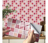 Hiseng 24/48 Piezas Rectángulo Adhesivos Decorativos Azulejos Pegatinas para Baldosas del Baño, Mármol Mosaico Estilo Cocina Resistente al Agua Pegatina de Pared (Rosa Mosaico,24Piezas)