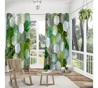 Hiseng 3D Cortina de Exterior Impermeable 2 Piezas Cortinas Opacas Termicas Resistente al Viento con Ojales para Pergolas Terraza Patio, Clásico Geométrico Patrón (Verde1,137x304cm)