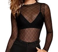 Hiseng Camiseta Transparente Mujer,Camiseta Manga Larga Mujer Ajuste Ajustado Fino,Superposición de Prendas Top de Malla Elegante Primavera Otoño,Top Fiesta Mujers Moda Versátil S-XXL (Negro 2,XXL)