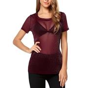 Hiseng Camiseta Transparente Mujer, Camisetas Manga Corta Mujer Ajuste Ajustado, Top de Malla Cuello Redondo Elegante, Top Fiesta Mujers Verano Color Sólido (Borgoña,M)