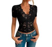 Hiseng Camiseta Transparente Mujer Manga Corta, Top de Malla Transparente Mujer Camiseta Malla Manga Corta Elegante Cuello en V S-XXL Estilo Encaje T Shirt Slim Elástico Chic (Negro A,L)