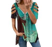 Hiseng Camisetas Mujer Manga Corta con Cuello en V y Cremallera, Blusas Vintage con Patrón de Cielo Estrellado Verano Tallas S-3XL Ropa de Mujer Casual para Diario, Playa y Vacaciones (Planeta 4,L)