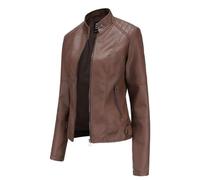 Hiseng Chaqueta de Cuero Sintético para Mujer, PU Chaqueta Cuero Mujer, con Bolsillos con Cremallera, Color Café Moda Corta Cazadora, Otoño, Primavera