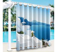 Hiseng Cortina de Exterior Impermeable Ojales Superior e Inferior, Cortinas Opacas Termicas Antiruido Resistentes al Sol 1 Pieza Patrón Vista Mar 3D para Jardin (Paisaje A,132x213cm)