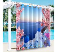 Hiseng Cortina de Exterior Impermeable Ojales Superior e Inferior, Cortinas Opacas Termicas Antiruido Resistentes al Sol 1 Pieza Patrón Vista Mar 3D para Jardin (Isla del Egeo A,132x160cm)