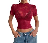 Hiseng Cuello Semialto Camiseta Transparente Mujer, Camisetas Manga Corta Mujer Ajuste Ajustado, Top de Malla Encaje Elegante, Top Fiesta Mujers Verano Motivo Floral Bordado (Rojo,XL)