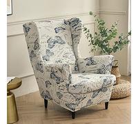 Hiseng Funda de Sillón Orejero Elástica 2 Piezas para Strandmon, Funda de Sofá Relax con Funda de Cojín Estilo Protector de Butaca para Dormitorio Fundas para sillas con Respaldo de alas (Mariposa)