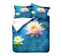 Hiseng Hiser Juego de Ropa de Cama de 3 Piezas - Juego de Fundas de Edredón - Microfibra de 1 Funda Nórdica 2 Funda de Almohada - Impresión de Loto Flor Bedding (Agua Azul,180x220cm)
