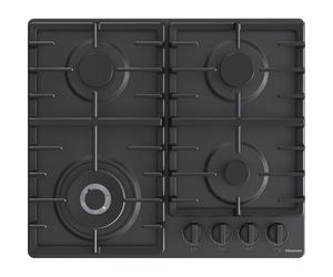 Hisense GM663BHF - Cocina de gas, 4 zonas de cocción, ancho 60 cm, quemador wok de doble corona y parrillas de hierro fundido, encendido integrado, color negro
