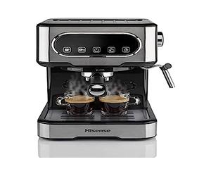 Hisense, HESCM15DBK Máquina espresso molida y compatible con ESE 44 mm, presión de 15 bar, pantalla táctil, 1100 W, plata, 27,4 x 30 x 27,2 cm