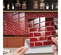 Hiser 25 Piezas Mármol Adhesivos Decorativos Azulejos Pegatinas para Baldosas del Baño/Cocina Mármol Impresión de Mosaico - Clásico Resistente al Agua Pegatina de Pared (Rojo,10x10cm)