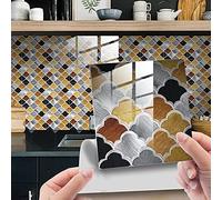 Hiser 25 Piezas Mármol Adhesivos Decorativos Azulejos Pegatinas para Baldosas del Baño/Cocina Scales Impresión de Mosaico - Clásico Resistente al Agua Pegatina de Pared (Oro marrón,15x15cm)