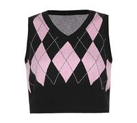 Hiser Chaleco de Punto para Mujer Sin Mangas con Cuello en V Patrón Argyle Y2K Retro Jersey Chaleco Chic Top Corto Mujer Suelto Suéter Chaleco (S,Rosa)