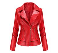 Hiser Mujer Chaqueta de Cuero con Bolsillos y Cremallera, Slim fit Manga Larga Casual Otoño Invierno Chaqueta Corta de PU Cazadora Ropa de Abrigo (Rojo,XL)