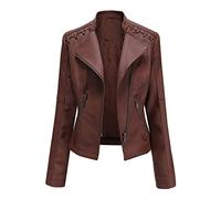 Hiser Mujer Chaqueta de Cuero con Bolsillos y Cremallera, Slim fit Manga Larga Casual Otoño Invierno Chaqueta Corta de PU Cazadora Ropa de Abrigo (Café,3XL)