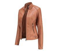Hiser Mujer Chaqueta de Cuero con Bolsillos y Cremallera, Slim fit Manga Larga Casual Otoño Invierno Chaqueta Corta de PU Cazadora Ropa de Abrigo (Caqui,XXL)