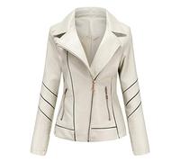 Hiser Mujer Chaqueta de Cuero con Bolsillos y Cremallera, Slim fit Manga Larga Casual Otoño Invierno Chaqueta Corta de PU Cazadora Ropa de Abrigo (Blanco,L)
