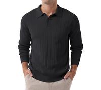 Hisir Polo de invierno de manga larga para hombre, de punto, ajuste regular, casual, clásico, a rayas verticales, Negro , XXL