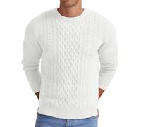 Hisir Suéter Hombres de Invierno con Cable Grueso Cuello Redondo Cálido Suéter de Manga Larga de Punto de Cuello Redondo Suéteres de los Hombres (Blanco, S)