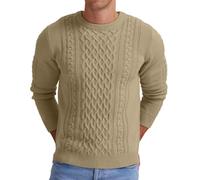 Hisir Suéter Hombres de Invierno con Cable Grueso Cuello Redondo Cálido Suéter de Manga Larga de Punto de Cuello Redondo Suéteres de los Hombres (Caqui, XL)