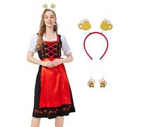 Hislovy Disfraz de Oktoberfest para mujer, Dirndl Costume de Taberna Bávara Disfraz Tirolesa Alemana para Carnaval Oktoberfest Halloween, Rojo, L