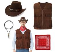 Hislovy Disfraz de Vaquero para Hombres Adulto, 4PCS Cowboy Costume Chaleco Western con Flecos Sombrero Pañuelo Collar para Fiestas Carnaval Halloween, Marrón, L