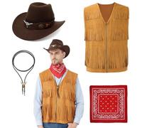 Hislovy Disfraz de Vaquero para Hombres Adulto, 4PCS Cowboy Costume Chaleco Western con Flecos Sombrero Pañuelo Collar para Fiestas Carnaval Halloween, Caqui, M