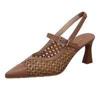 Hispanitas - Zapato de Piel y Cuerda con tacón Fino imitación a Madera,Destalonado,Tira al Tobillo,salón para: Mujer Color: Almond Talla:38
