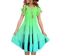 Historias de Adviento para niñas de 10 años, vestido de verano con cuello redondo, mangas con volantes, multicapa, línea A, informal, degradado (6 - 15 años), verde, 8-9 años