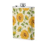 Historias de girasoles frescos impresas,Frasco de acero inoxidable 304 de 8 oz con funda de cuero sintético, frasco de bolsillo para licor plano para exteriores
