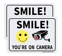 HISVISION - Juego de 2 paneles de videovigilancia "Smile You're on Camera ", 25,4 x 17,8 cm de aluminio inoxidable - Señal de advertencia para sistema de vigilancia CCTV