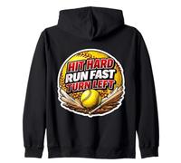 Hit Hard Run Fast Gire a la Izquierda, Divertido Jugador de sóftbol, Entrenador y Aficionado Sudadera con Capucha