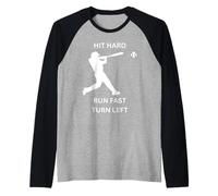 Hit Hard Run Fast Turn Left Diseño de Jugador de béisbol Camiseta Manga Raglan