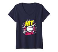 Hit Like A Girl Softbol Empoderando Lema Deportivo Camiseta Cuello V, Mujer, Azul Marino, XXL