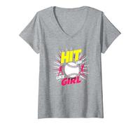 Hit Like A Girl Softbol Empoderando Lema Deportivo Camiseta Cuello V, Mujer, Gris Jaspeado, XXL
