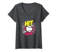 Hit Like A Girl Softbol Empoderando Lema Deportivo Camiseta Cuello V, Mujer, Jaspeado Oscuro, L