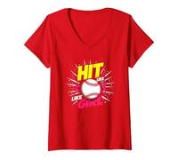 Hit Like A Girl Softbol Empoderando Lema Deportivo Camiseta Cuello V, Mujer, Rojo, XXL