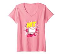 Hit Like A Girl Softbol Empoderando Lema Deportivo Camiseta Cuello V, Mujer, Rosado, M