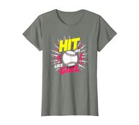 Hit Like A Girl Softbol Empoderando Lema Deportivo Camiseta, Mujer, Verde Militar Jaspeado, S