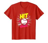 Hit Like A Girl Softbol Empoderando Lema Deportivo Camiseta, Niños, Rojo, 2 años