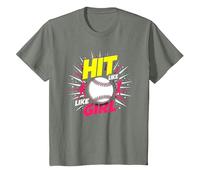Hit Like A Girl Softbol Empoderando Lema Deportivo Camiseta, Niños, Verde Militar Jaspeado, 12 años