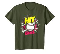 Hit Like A Girl Softbol Empoderando Lema Deportivo Camiseta, Niños, Verde Oliva, 8 años