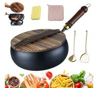 HItianya 2026 New Uncoated Thick Iron Pot, 24/26/28cm Japanese Iron Pan, Hand-Forged Non-Stick Irons Pan, Big Belly Frying Pan with Wooden Lid & Spatula, for All Stove (Wooden Lid, 24cm)