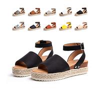 Hitmars Sandalias Cuña Mujer Verano Tacon Plataforma Abierto Alpargatas Bohemias Correa de Tobillo Tacón 5.5cm Zapatos de Vestir Negro Marrón Amarillo Leopardo Número 35-43 EU Negro 38